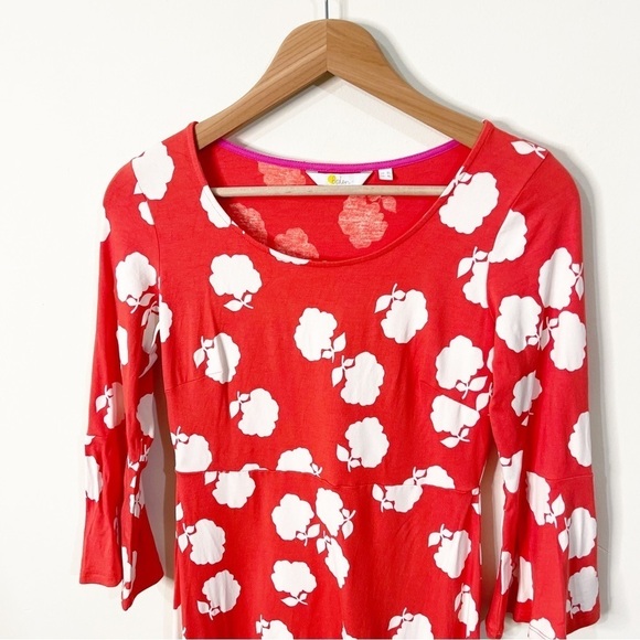 Boden Poppy Red Floral Miriam Floral Jersey A-Line Bell Sleeve Dress Size 4 Long - Picture 3 of 8